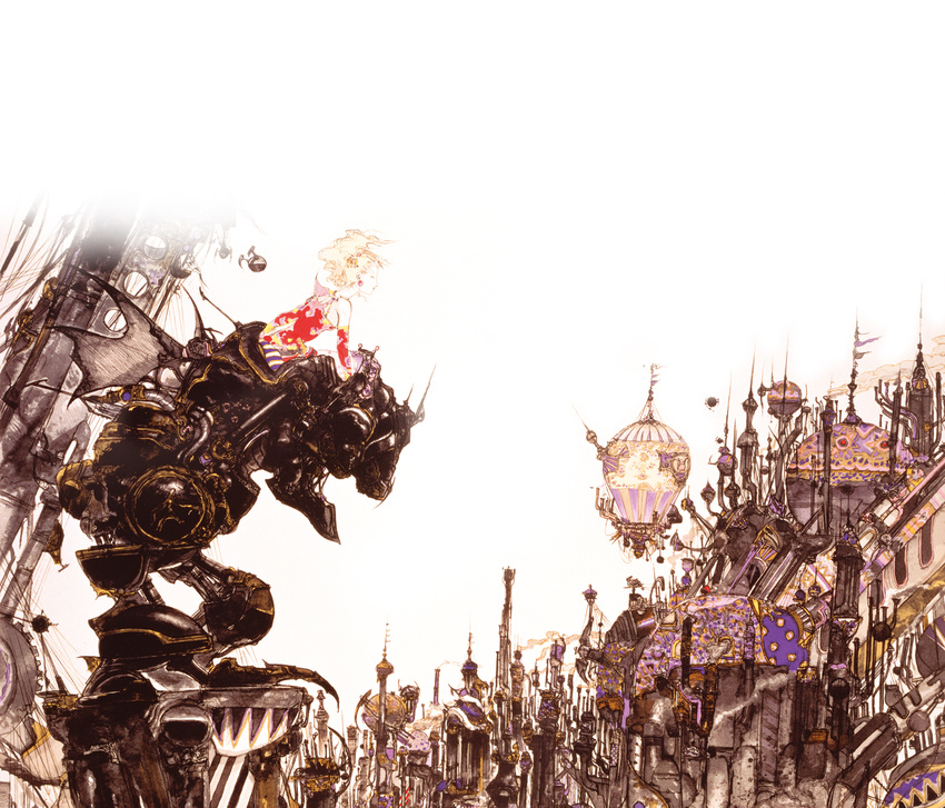 amano_yoshitaka city final_fantasy final_fantasy_vi highres magitek_armor mecha official_art scan solo tina_branford