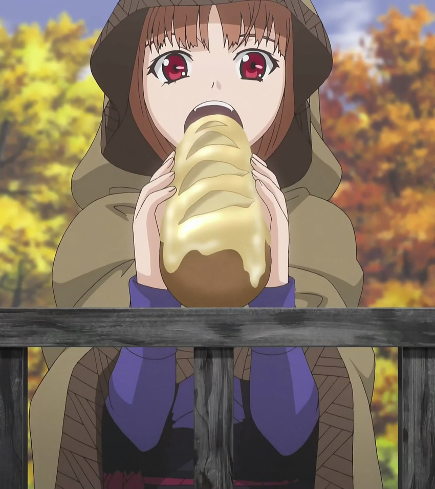 bread food highres holo jpeg_artifacts red_eyes screencap sexually_suggestive solo spice_and_wolf stitched third-party_edit