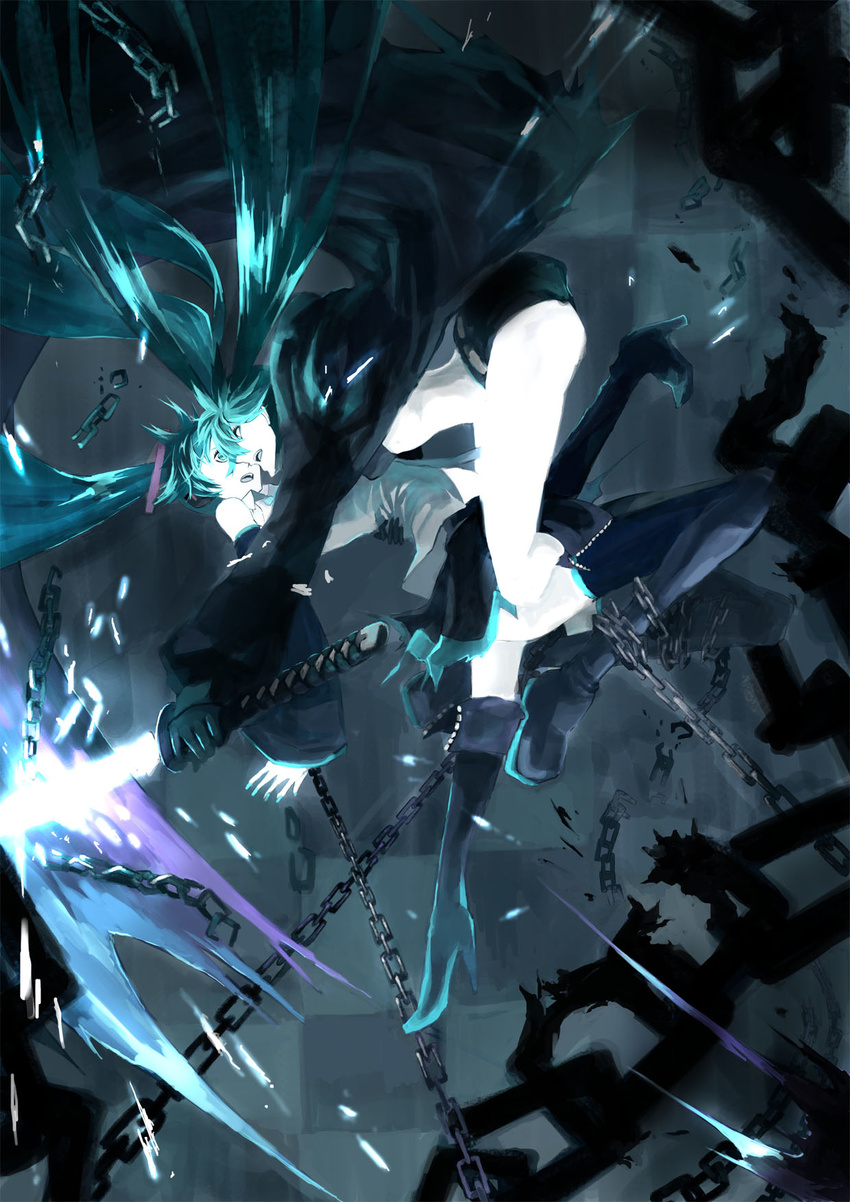 9ji aqua_eyes aqua_hair aqua_nails arched_back bare_shoulders black_bikini_top black_footwear black_gloves black_hair black_jacket black_rock_shooter black_rock_shooter_(character) black_shorts black_skirt blue_eyes boots bound bound_legs breasts broken broken_chain chain checkered checkered_background detached_sleeves face-to-face gloves glowing glowing_sword glowing_weapon hair_ornament hand_on_another's_back hatsune_miku high_heel_boots high_heels highres holding holding_sword holding_weapon jacket knee_boots knee_up long_hair long_sleeves midriff miniskirt multiple_girls nail_polish outstretched_arm pale_skin pleated_skirt shorts skirt small_breasts sword thigh_boots thighhighs twintails unzipped very_long_hair vocaloid weapon
