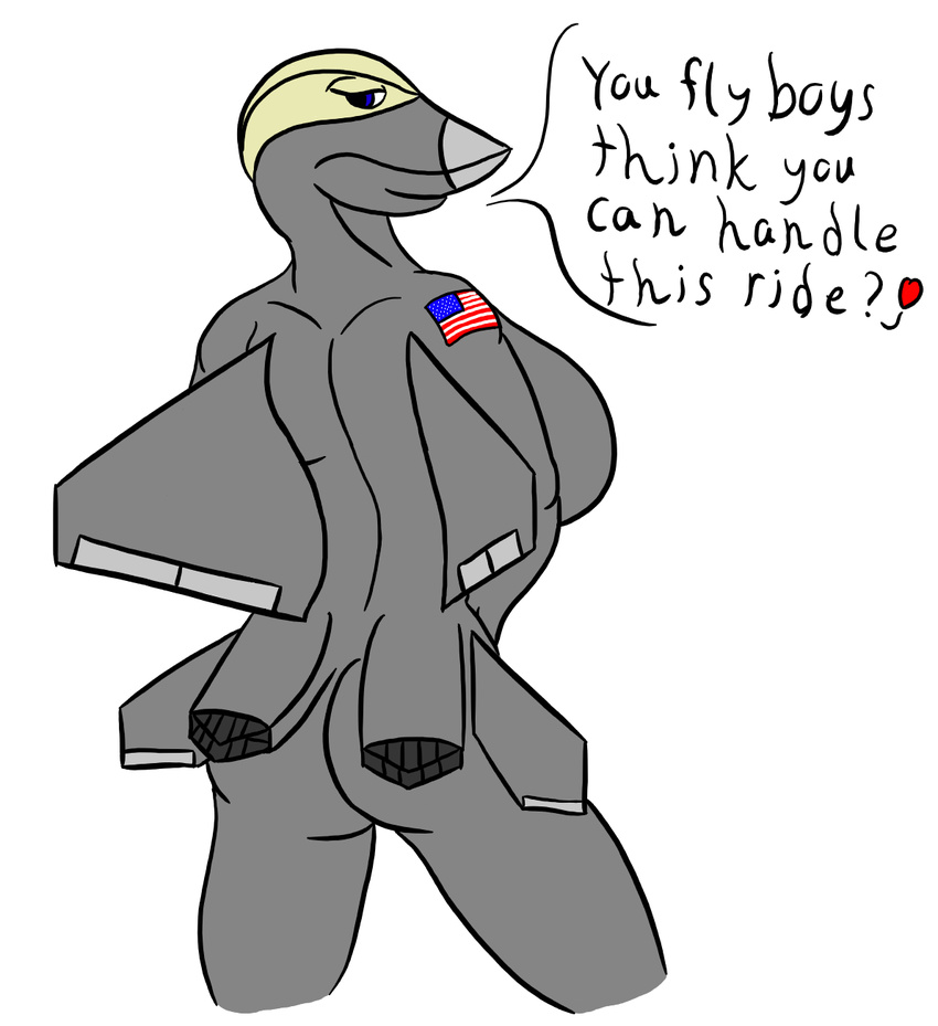 aeromorph aircraft airplane america_fuck_yeah anthro back_turned big_breasts big_butt blue_eyes breasts butt dialog dragon-heart english_text f-22 female living_aircraft living_machine looking_at_viewer plain_background rear_shot text thrusters white_background wings