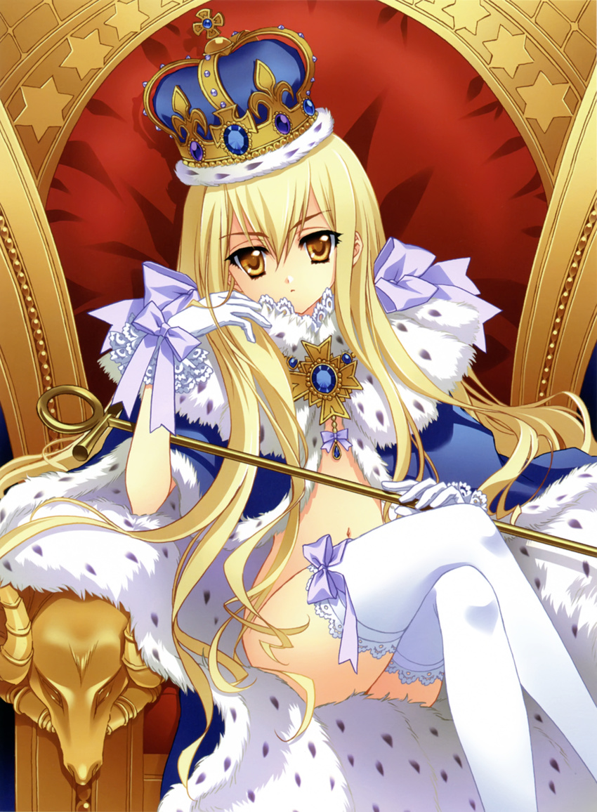 absurdres blonde_hair bow brown_eyes cape carnelian crossed_legs crown gloves highres jewelry lace lace-trimmed_thighhighs legs long_hair looking_at_viewer naked_cape navel no_panties original queen ribbon royal_robe scan scepter sitting sitting_on_object solo thighhighs thighs throne white_gloves white_legwear yellow_eyes