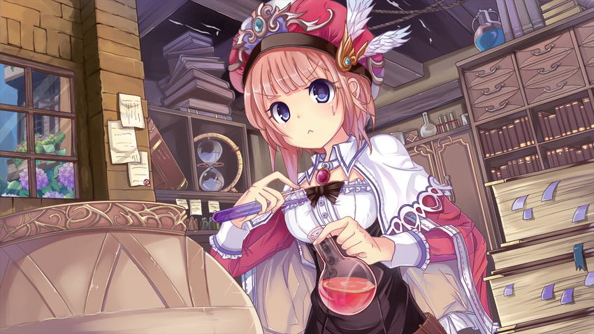 :&lt; atelier_(series) atelier_rorona bad_id bad_pixiv_id blue_eyes book brown_hair cape cauldron flask hat hourglass icywood ribbon rororina_fryxell round-bottom_flask solo test_tube