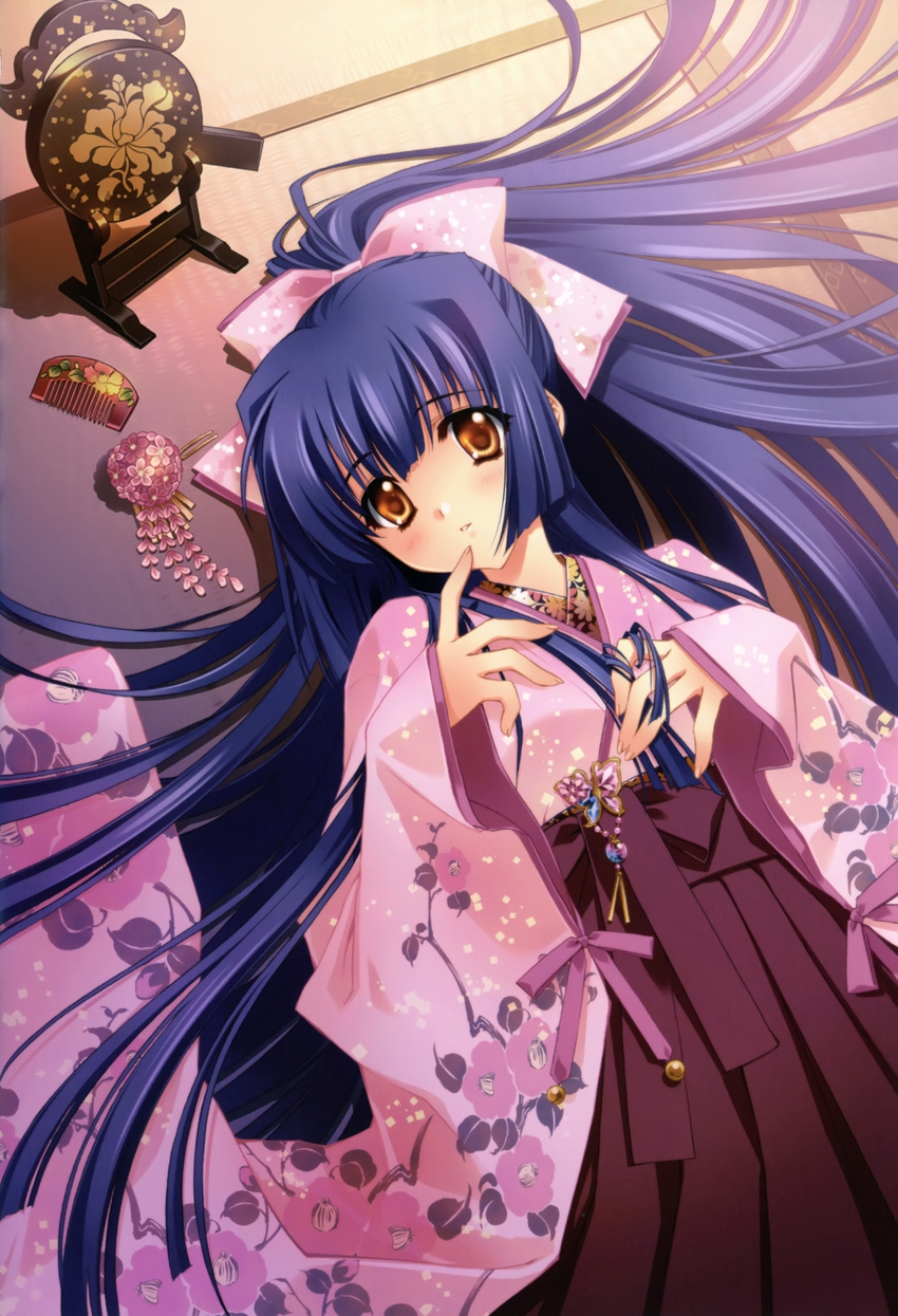 absurdres blue_hair blush brown_eyes bug butterfly carnelian highres insect japanese_clothes kao_no_nai_tsuki kimono kuraki_suzuna long_hair scan solo very_long_hair