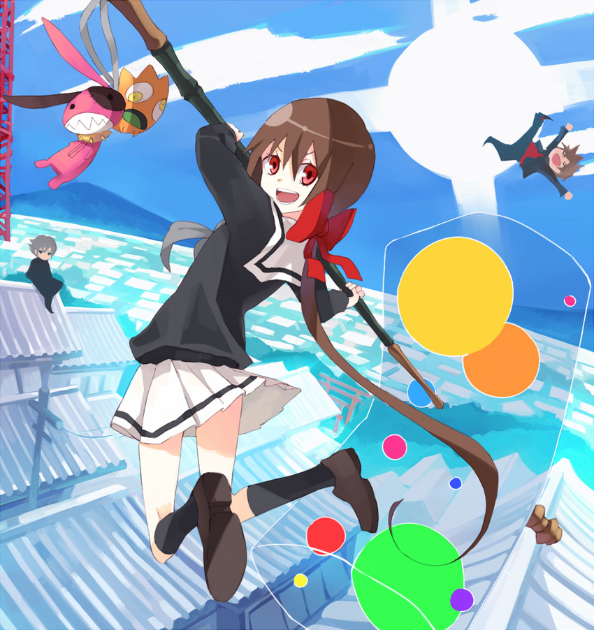 a_(kyousougiga) bad_id bad_pixiv_id black_legwear bow brown_hair hair_bow hammer hao_(patinnko) jumping koto_(kyousougiga) kyousougiga long_hair ponytail red_eyes rooftop school_uniform serafuku skirt solo stuffed_toy un_(kyousougiga) weapon