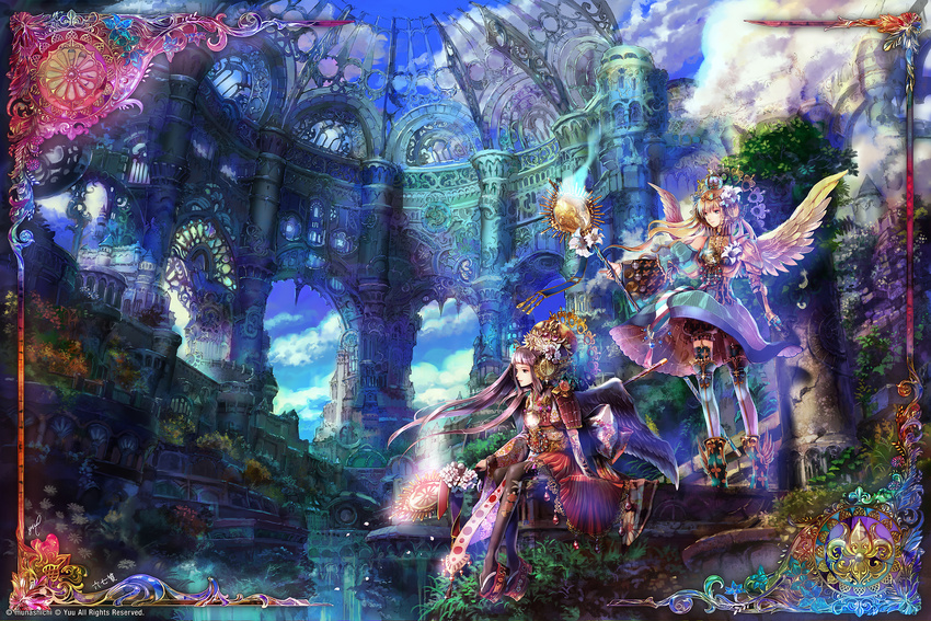 artist_name black_legwear blonde_hair blue_eyes braid brown_eyes brown_hair cityscape cloud collaboration crown detached_sleeves dress feathers flower frame gloves hair_ornament highres lily_(flower) long_hair multiple_girls munashichi original sandals signature sitting smile staff thighhighs wind wings yuu_(arcadia)