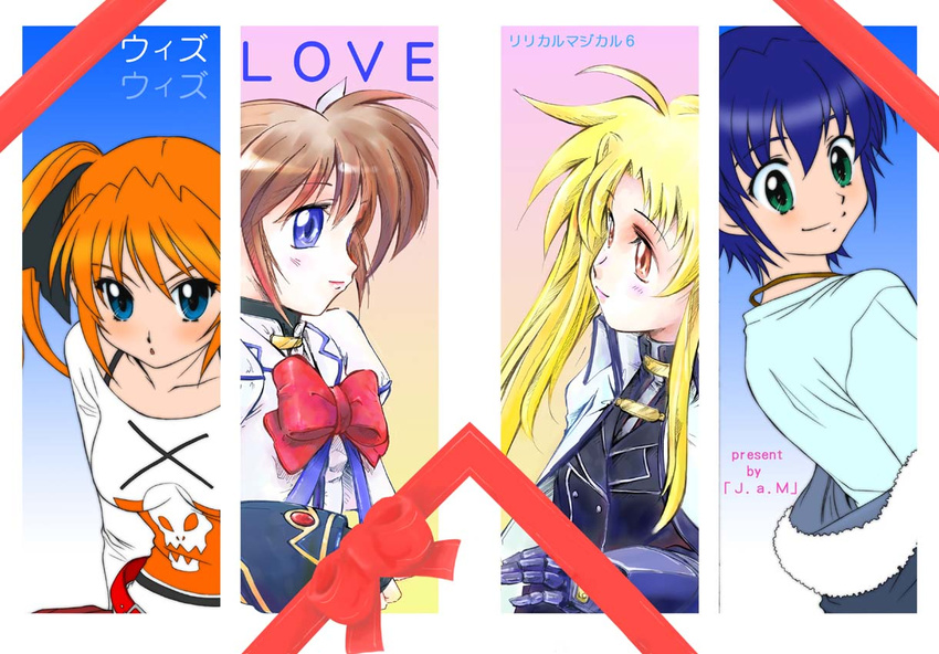 blonde_hair blue_eyes blue_hair blush bow brown_hair cape coat cover cover_page fate_testarossa fingerless_gloves gauntlets gloves green_eyes jason_(kaiten_kussaku_kikou) long_hair lyrical_nanoha magical_girl mahou_shoujo_lyrical_nanoha_strikers multiple_girls orange_hair purple_eyes red_bow red_hair short_hair smile subaru_nakajima takamachi_nanoha teana_lanster twintails