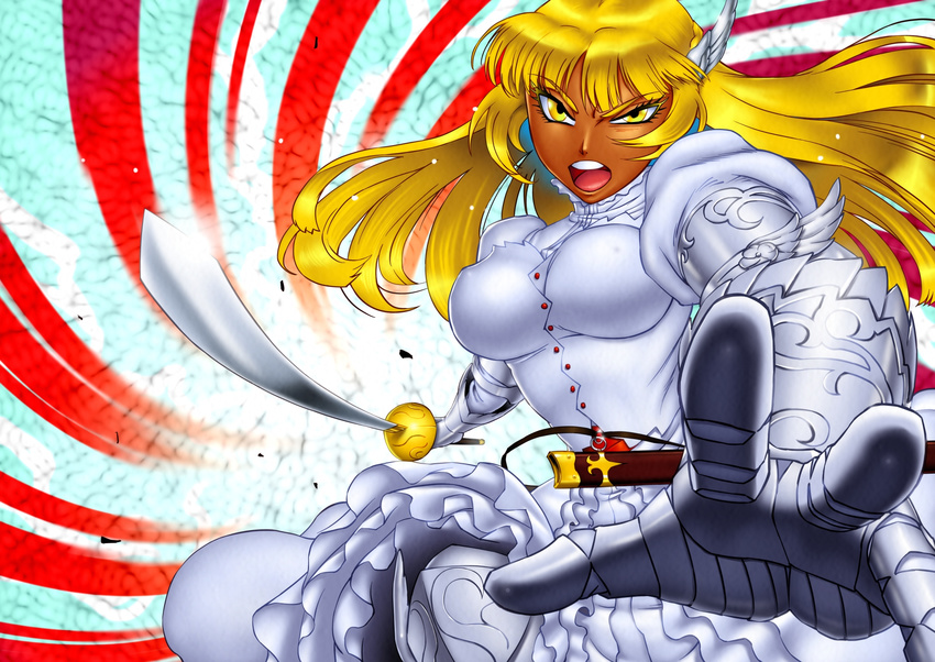 action armor blonde_hair dark_skin highres long_hair matsuda_shin open_mouth sheath sword weapon yellow_eyes