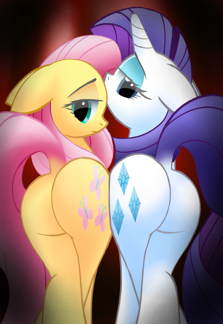 bedroom_eyes butt cutie_mark duo equine female feral fluttershy_(mlp) friendship_is_magic hair horn horse mammal my_little_pony pegasus pink_hair pony purple_hair raised_tail rarity_(mlp) shy twintailsinc unicorn wings