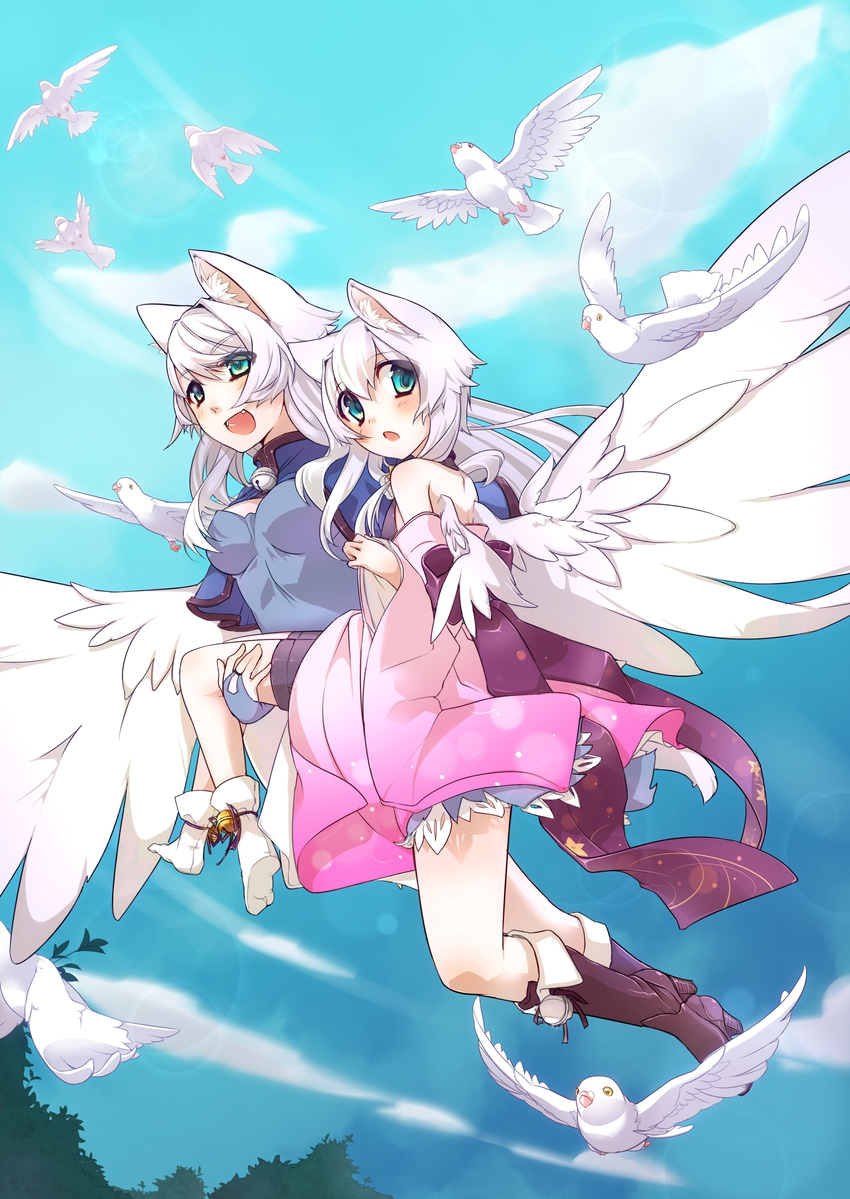 :d :o absurdres animal_ears ankle_bell ankle_ribbon aqua_eyes bare_shoulders bell bird blush boots breasts carrying dove fangs feathered_wings flock flying fuuka_(kazane_chinya) highres kazane_chinya long_hair luka_himmel medium_breasts multiple_girls open_mouth original ribbon smile white_hair wings