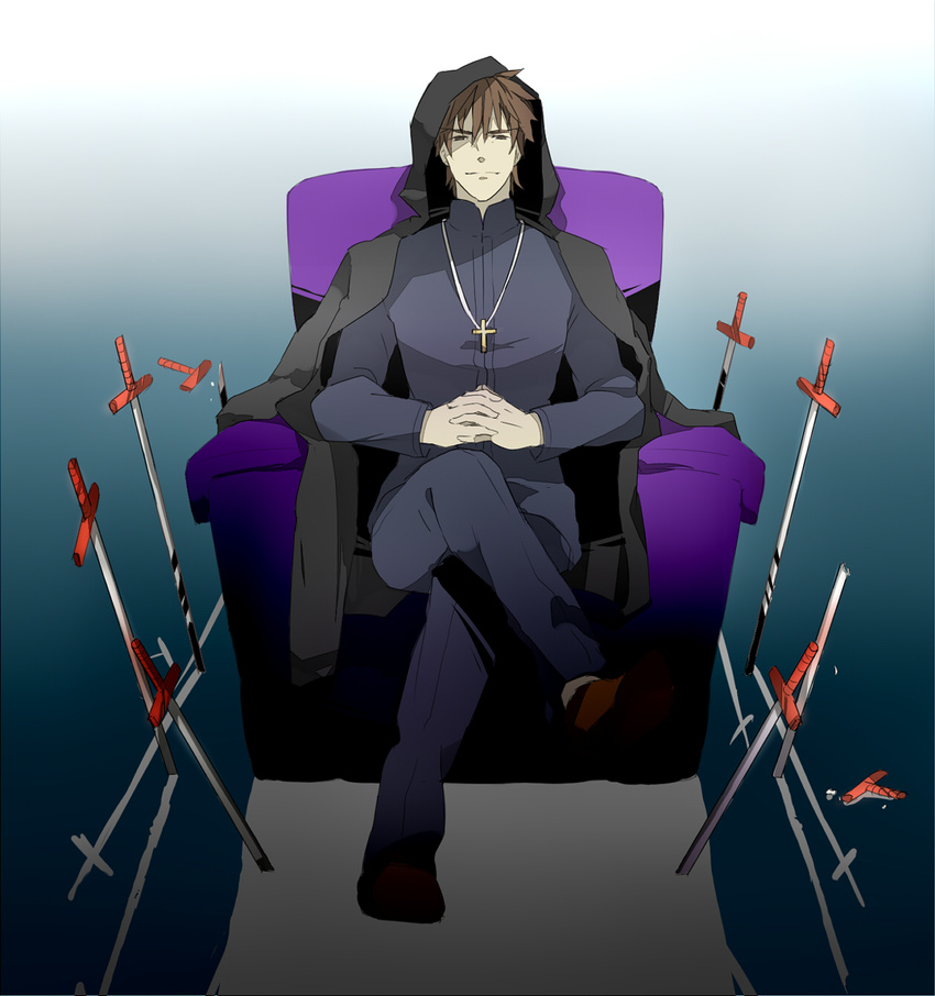 black_keys brown_eyes brown_hair chair cloak cross cross_necklace easy_chair fate/zero fate_(series) field_of_blades highres hood jewelry kotomine_kirei male_focus necklace piroshiki123 planted_sword planted_weapon reflection sitting solo sword weapon