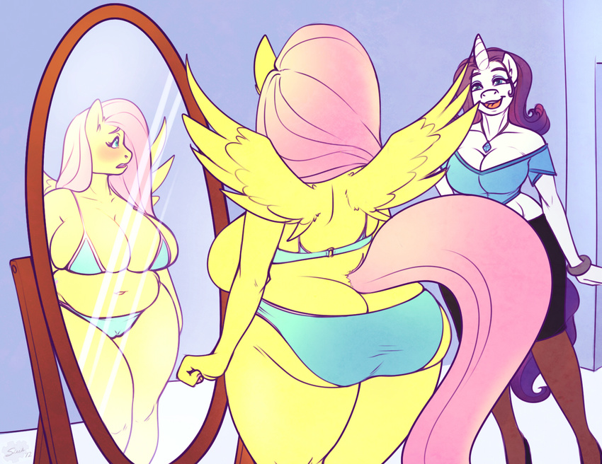 anthrofied big_breasts big_butt bikini breasts butt chubby clothed clothing couple duo equine female fluttershy_(mlp) friendship_is_magic horn huge_breasts mammal mirror my_little_pony open_mouth overweight pegasus rarity_(mlp) reflection sheela side_boob skimpy smile swimsuit tight_clothing unicorn wings