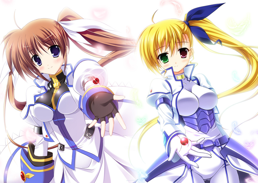 blonde_hair blue_eyes blush brown_hair endori feathers fingerless_gloves gloves green_eyes hair_ribbon heterochromia long_hair lyrical_nanoha magical_girl mahou_shoujo_lyrical_nanoha_strikers multiple_girls raising_heart red_eyes ribbon sacred_heart side_ponytail simple_background smile takamachi_nanoha twintails vivio white_background