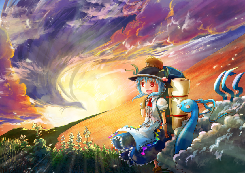 altaria alternate_hair_length alternate_hairstyle ascot backpack bag blue_hair cloud fang flower food frog fruit gen_3_pokemon gloves hat highres hinanawi_tenshi kana_tako leaf long_skirt open_mouth peach pokemon pokemon_(creature) puffy_sleeves red_eyes short_hair short_sleeves skirt standing sunset touhou