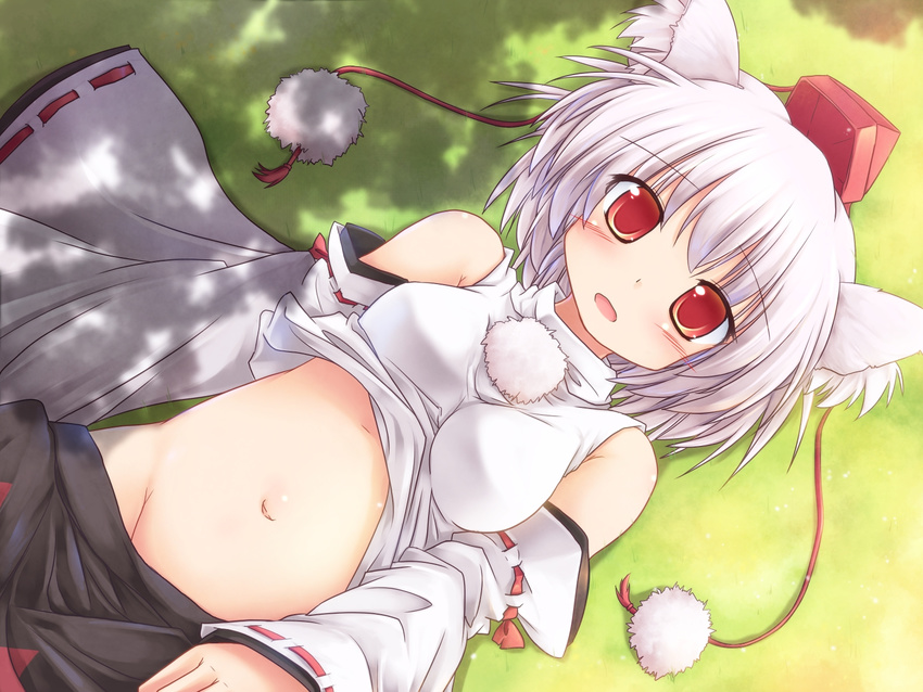 animal_ears bare_shoulders belly blush breasts detached_sleeves groin hat highres inubashiri_momiji lzh medium_breasts navel no_panties pom_pom_(clothes) red_eyes short_hair silver_hair skirt solo tokin_hat touhou white_hair wolf_ears