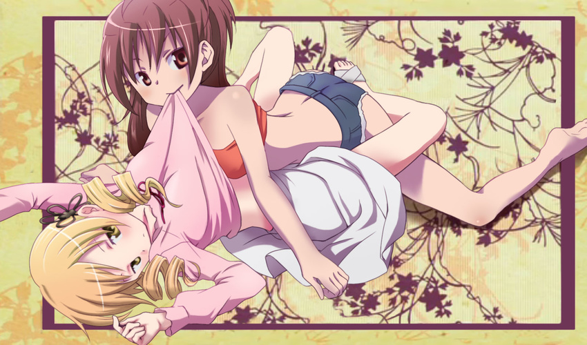 2girls aoki_ume bakemonogatari bare_shoulders barefoot black_hair blonde_hair blue_eyes blush brown_hair butt_crack cutoffs denim denim_shorts drill_hair eyebrows eyecatch highres jpeg_artifacts mahou_shoujo_madoka_magica monogatari_(series) mouth_hold multiple_girls nisemonogatari parody photoshop ponytail purple_hair red_eyes red_hair sakura_kyouko short_shorts shorts source_request tomoe_mami tubetop twin_drills yellow_eyes yuri