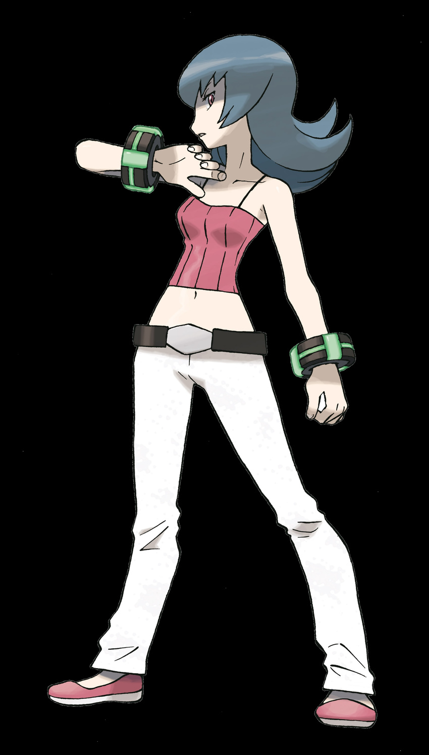 absurdres bare_shoulders belt belt_buckle black_background black_belt blue_hair bracelet breasts buckle camisole collarbone crop_top flipped_hair full_body gym_leader hand_up highres hips holding holding_poke_ball jewelry legs_apart long_hair looking_at_viewer medium_breasts midriff natsume_(pokemon) navel official_art pants parted_lips pink_camisole pink_eyes pink_footwear poke_ball pokemon pokemon_(game) pokemon_hgss profile shaded_face shoes simple_background slippers solo standing sugimori_ken vector_trace white_pants