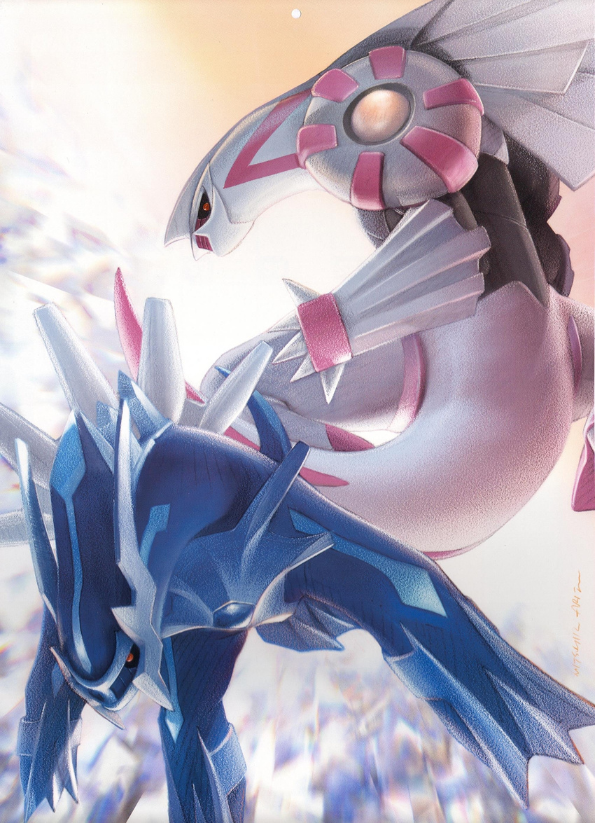 dialga gen_4_pokemon highres legendary_pokemon no_humans official_art palkia pokemon pokemon_(creature) red_eyes scan