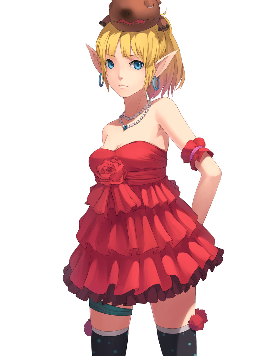 alternate_costume archer_(dragon_nest) bare_shoulders blonde_hair blue_eyes dragon_nest dress earrings elf fkey flower frilled_dress frills highres hoop_earrings jewelry necklace pearl_necklace pointy_ears poochum rose short_hair simple_background solo strapless strapless_dress thighhighs white_background