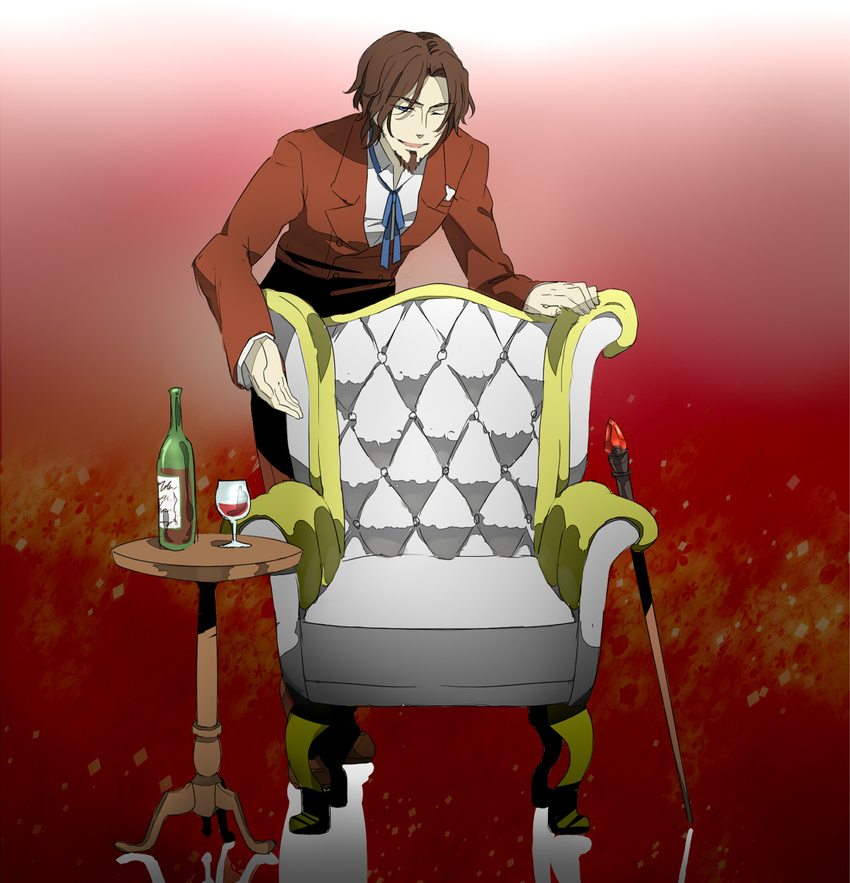blue_eyes bottle brown_hair cane chair fate/zero fate_(series) formal gem highres male_focus nightstand one_eye_closed piroshiki123 reflection ribbon solo staff suit table toosaka_tokiomi