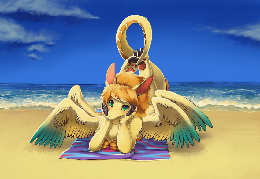 breasts brown_hair claws dragon fangs female flammie furred_dragon golden green_eyes hair looking_at_viewer lying nude outside purplekecleon sand scalie sea seaside secret_of_mana short_hair solo towel water wings yellow_feathers yellow_fur