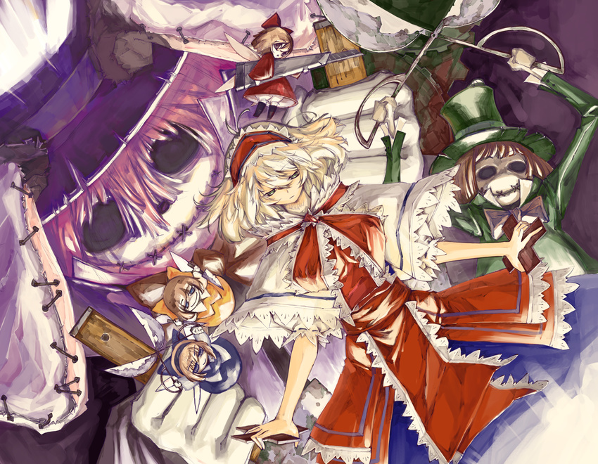 alice_margatroid bad_id bad_pixiv_id blonde_hair boxcutter capelet doll dress hairband hat hedge_clippers highres puppet short_hair solo stitched_mouth stitches touhou wings zutta