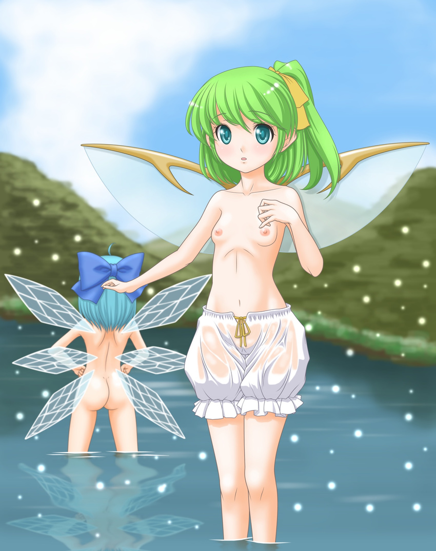 :o ahoge aqua_eyes ass back back_turned bloomers blue_hair bow breasts cirno daiyousei fairy_wings from_behind green_hair hair_bow hair_ribbon hands_on_hips highres ice ice_wings light_particles looking_at_viewer multiple_girls navel nipples nude open_mouth partially_submerged reflection ribbon side_ponytail skinny skinny_dipping small_breasts t2r topless touhou underwear underwear_only wading water wet wet_clothes white_bloomers wings