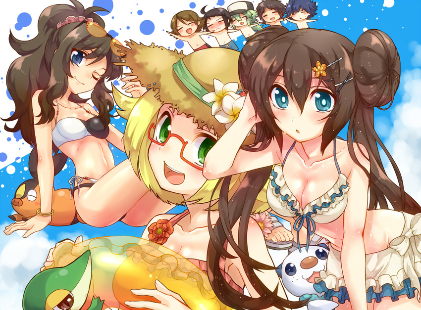 5boys barrette bel_(pokemon) bikini bikini_skirt blonde_hair blue_eyes blush breasts brown_hair cheren_(pokemon) cleavage closed_eyes collarbone double_bun flower frilled_bikini frills front-tie_top gen_5_pokemon glasses green_eyes hand_in_hair hat hat_flower hue_(pokemon) innertube irouha kyouhei_(pokemon) leaning_forward long_hair medium_breasts mei_(pokemon) multiple_boys multiple_girls n_(pokemon) one_eye_closed oshawott plumeria pokemon pokemon_(creature) pokemon_(game) pokemon_bw pokemon_bw2 ponytail sandals semi-rimless_eyewear side-tie_bikini smile snivy straw_hat sunglasses swimsuit tepig touko_(pokemon) touya_(pokemon) twintails very_long_hair wristband