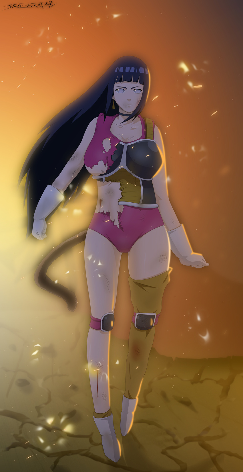 1girl absurdres armor beaten blood blue_hair crossover dragon_ball dragonball_z fasha female fire full_body gloves highres hyuuga_hinata injuries injury looking_at_viewer naruto night saiyan selipa seripa solo standing stiky_finkaz tail torn_clothes