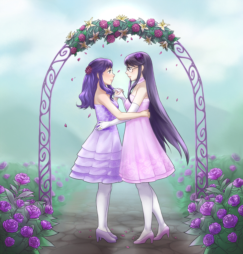 black_hair blue_hair choker couple dress elbow_gloves eye_contact flower garden glasses gloves hair_flower hair_ornament heartcatch_precure! high_heels highres holding_hands interlocked_fingers kurumi_momoka long_hair looking_at_another magical_ondine multiple_girls pantyhose petals precure rose rose_petals shoes tsukikage_yuri very_long_hair wedding wedding_arch white_legwear wife_and_wife yuri