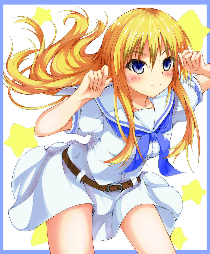 bad_id bad_pixiv_id blonde_hair blue_eyes blush highres iroba long_hair oohoshi_awai saki school_uniform shiraitodai_school_uniform smile solo