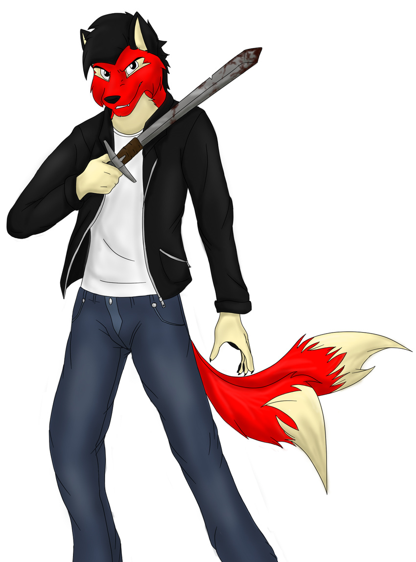 black_hair canine clothed clothing eyelander fox hair jacket katroy leather looking_at_viewer male mammal plain_background short_hair solo standing sword weapon