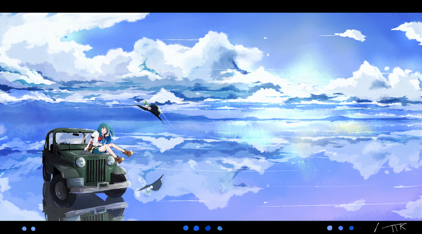 bad_id bad_pixiv_id blue_hair blue_sky car cloud day food fruit ground_vehicle hat hat_removed headwear_removed highres hinanawi_tenshi jeep letterboxed long_hair motor_vehicle mountain ocean on_vehicle open_mouth peach red_eyes reflection salt_flats shirt short_sleeves sitting skirt sky solo sun tetsurou_(fe+) touhou water wind