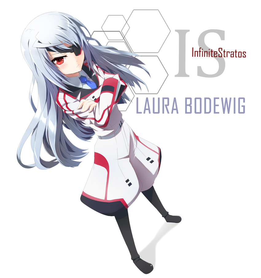 blush boots crossed_arms eyepatch grune highres infinite_stratos laura_bodewig long_hair looking_at_viewer red_eyes silver_hair solo standing