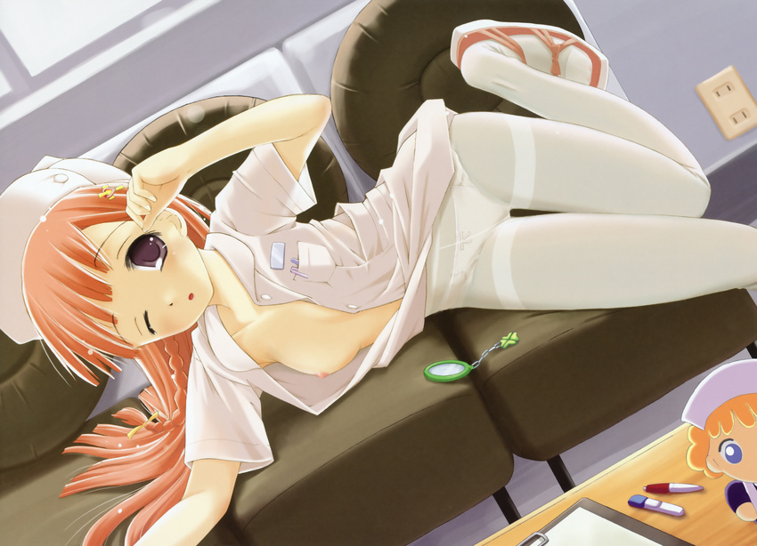 breasts dengeki_moeoh goma long_hair nipples no_bra nurse open_shirt original panties pantyhose pink_hair underwear