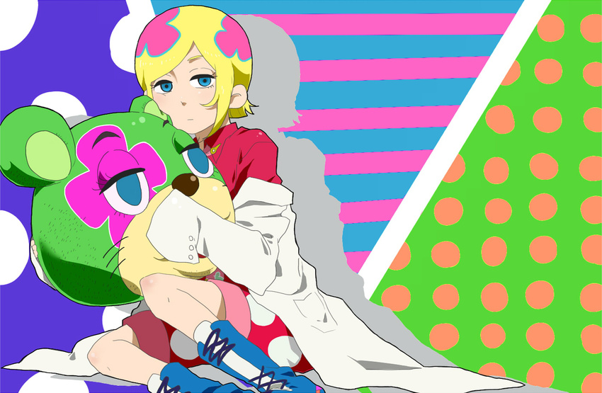 bad_id bad_pixiv_id blonde_hair blue_eyes child doctor irabu_ichirou kuuchuu_buranko labcoat male_focus multicolored_hair sasayama_panda sitting solo