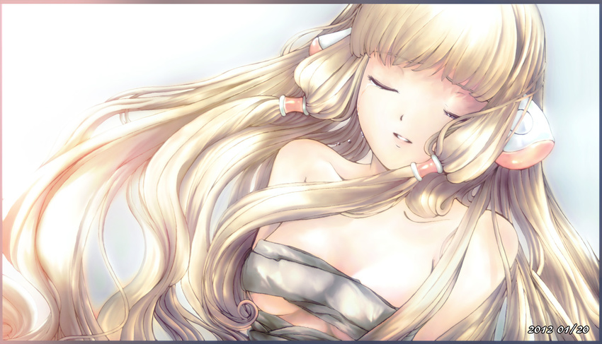 2012 bandages bare_shoulders blonde_hair border chii chobits closed_eyes dated hair_tubes highres long_hair parted_lips ribbon robot_ears sad solo takesanhoukine tears white