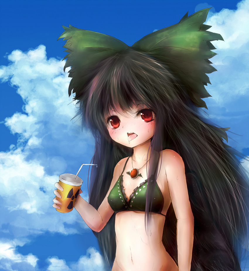 amanojaku bad_id bad_pixiv_id bikini black_hair blush bow cloud day drink green_bikini hair_bow highres jewelry long_hair necklace open_mouth reiuji_utsuho sky solo sweat swimsuit tongue tongue_out touhou upper_body