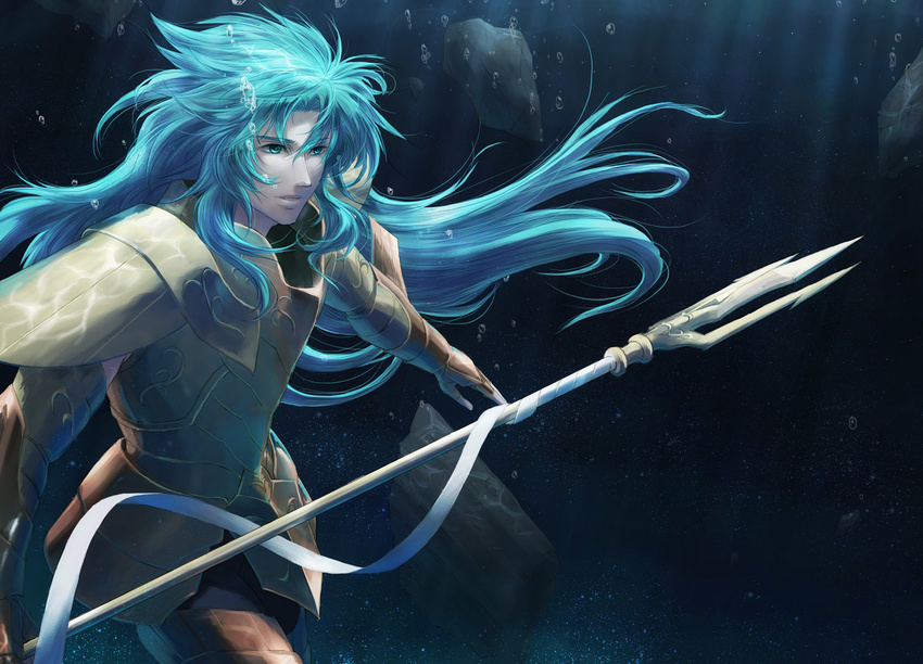 armor blue_eyes blue_hair gemini_kanon lanuarius long_hair male_focus polearm saint_seiya solo trident underwater weapon
