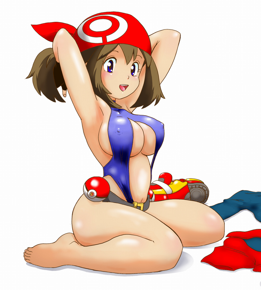 adjusting_hair bandana barefoot blue_eyes breasts brown_hair cleavage cosplay covered_nipples dengeki!_pikachu haruka_(pokemon) highres large_breasts navel open_mouth poke_ball pokemon ponytail sideboob sitting slingshot_swimsuit solo swimsuit tof underboob wariza