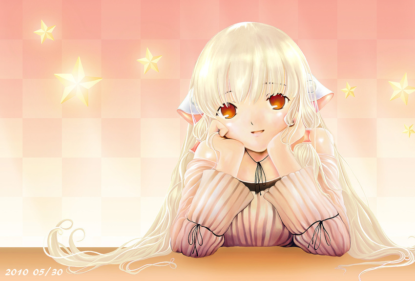 2010 bangs bare_shoulders blonde_hair blunt_bangs brown_eyes casual checkered checkered_background chii chin_rest chobits dated highres long_hair off_shoulder official_style pink pink_background pullover robot_ears smile solo star takesanhoukine