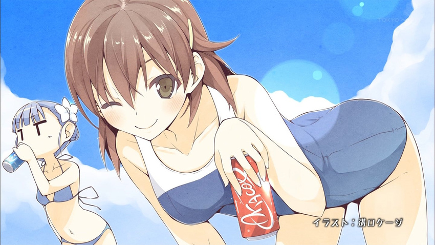 ;) aqua_hair bikini braid brown_eyes brown_hair can cloud collarbone day drinking end_card fin_e_ld_si_laffinty flower hair_flower hair_ornament hairclip kamogawa_girls'_high_school_swimsuit kyouno_madoka lens_flare mizoguchi_keiji multiple_girls one-piece_swimsuit one_eye_closed rinne_no_lagrange school_swimsuit screencap sky smile swimsuit |_|