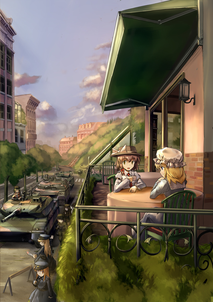 blonde_hair blue_eyes brown_hair building caterpillar_tracks chair cup fat_(artist) ground_vehicle hat highres kazami_yuuka long_sleeves maribel_hearn military military_vehicle motor_vehicle multiple_girls necktie open_mouth puffy_sleeves road short_hair table tank teacup touhou tree type_10_(tank) usami_renko yellow_eyes