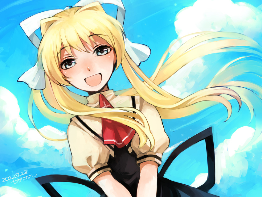 74_(teduka) air blonde_hair blue_eyes highres kamio_misuzu long_hair open_mouth ponytail school_uniform solo