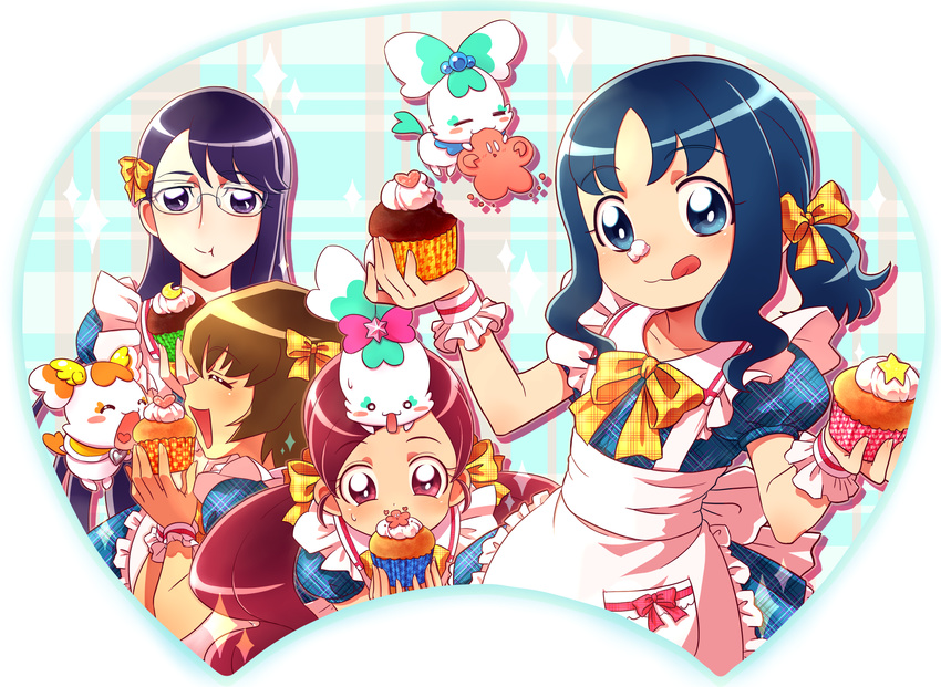 :3 :q :t apron blue_eyes blue_hair bow brown_hair cake chypre_(heartcatch_precure!) closed_eyes coffret_(heartcatch_precure!) eating food food_on_face glasses hanasaki_tsubomi heartcatch_precure! highres itsuki_(otsugei) kurumi_erika long_hair multiple_girls myoudouin_itsuki pink_bow potpourri_(heartcatch_precure!) precure purple_eyes purple_hair red_eyes red_hair short_hair tongue tongue_out tsukikage_yuri twintails