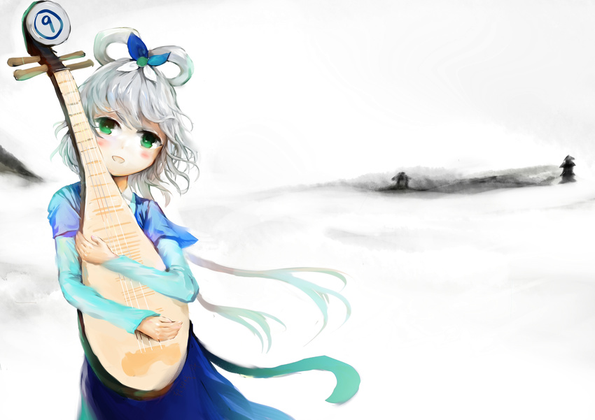 absurdres blush green_eyes highres holding instrument jiaoshouwen luo_tianyi simple_background solo vocaloid vocanese