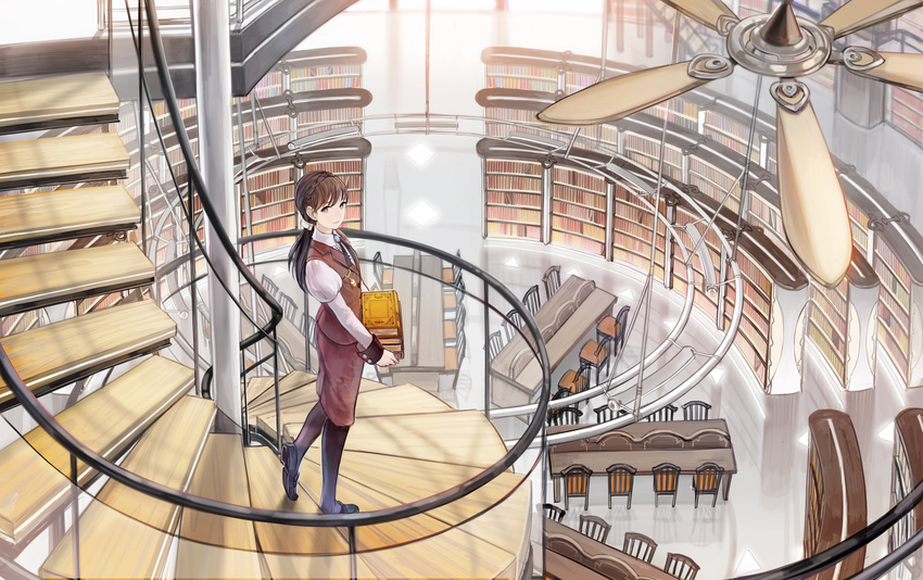 book book_stack bookshelf brown_eyes brown_hair carrying ceiling_fan chair highres library long_hair looking_at_viewer office_lady original pantyhose ponytail sime_(echo) spiral_staircase stairs table