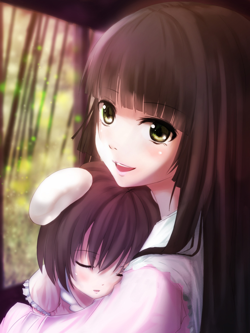 animal_ears black_hair brown_hair bunny_ears canae0 closed_eyes highres houraisan_kaguya hug inaba_tewi long_hair multiple_girls open_mouth short_hair smile touhou very_long_hair yellow_eyes