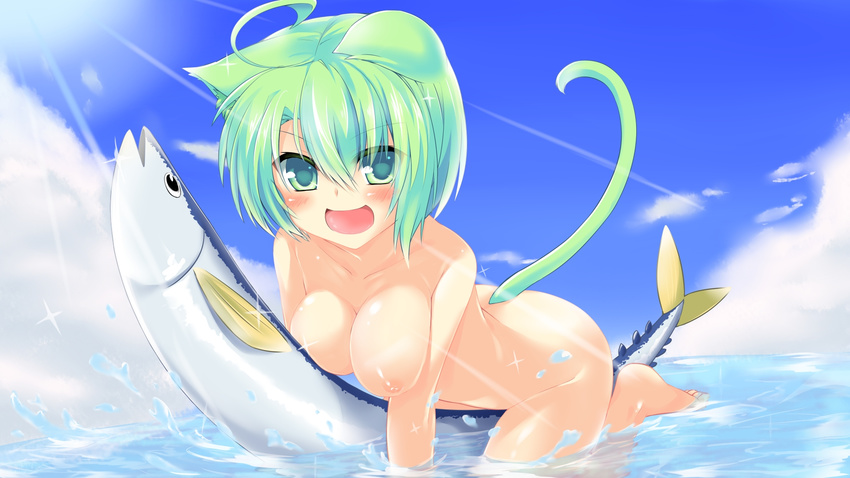 :d ahoge animal_ears blush breasts cat_ears cat_tail cleavage dodome-iro_mayonnaise fish green_eyes green_hair highres large_breasts light_rays looking_at_viewer nipples nude open_mouth original partially_submerged sharon_(dodomayo) short_hair smile solo sunbeam sunlight tail wallpaper water