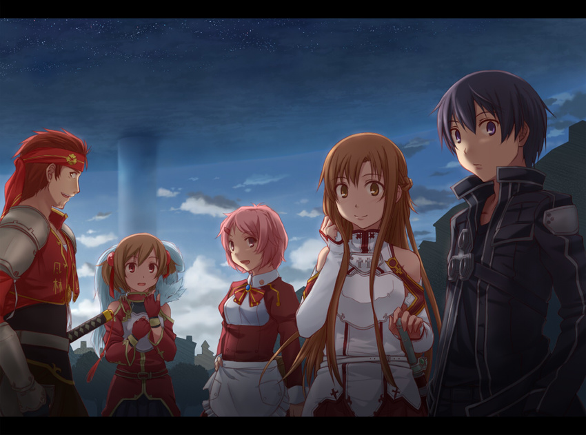 3girls armor asuna_(sao) bare_shoulders brown_eyes brown_hair kirito klein lisbeth long_hair looking_at_viewer multiple_boys multiple_girls open_mouth pina_(sao) short_hair short_twintails silica smile sword_art_online twintails yuugure