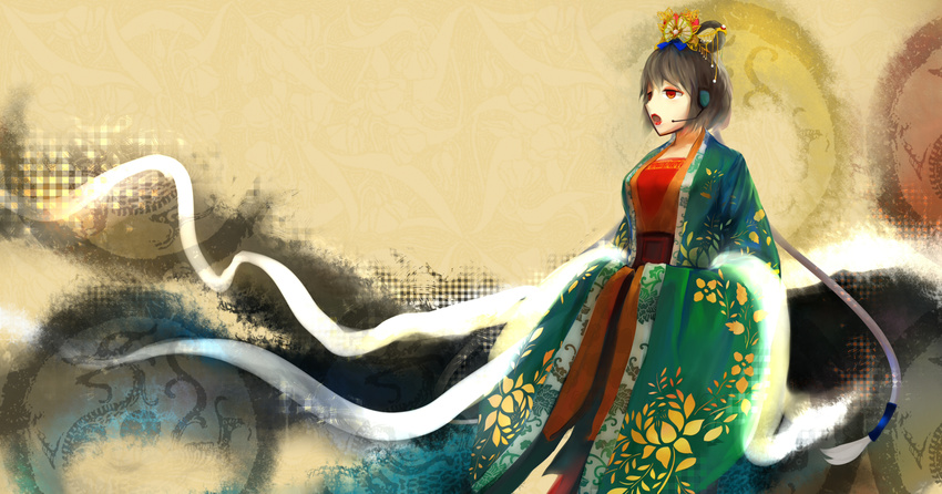 absurdres bangs breasts chinese_clothes feet_out_of_frame floral_print flower grey_hair hair_ornament hair_rings hair_tubes hands_in_opposite_sleeves hanfu headset highres jiaoshouwen large_breasts long_hair long_sleeves lotus luo_tianyi music open_mouth red_eyes sash shawl short_hair_with_long_locks singing solo standing string very_long_hair vocaloid vocanese wide_sleeves wind